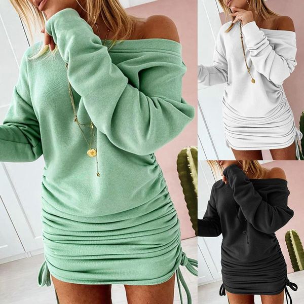 

casual dresses jaycosin fashion women solid o-neck long sleeve drawstring tie pack hip mini dress for party ladies simple vestidos, Black;gray