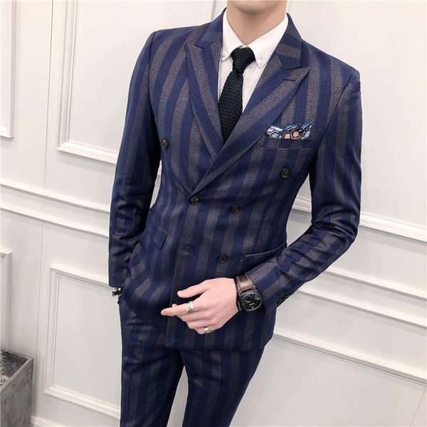 

slim fit double breasted suit 2021 latest coat pant designs skinny men prom stripe suits wedding costume homme luxe 3 piece1, White;black