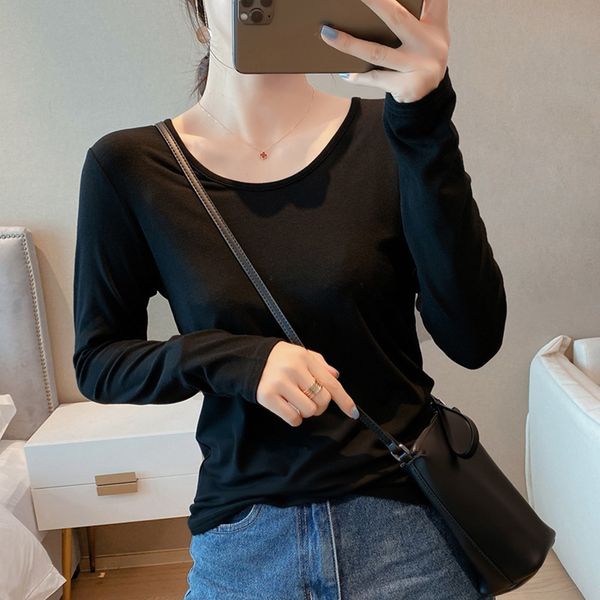 

тонкий фитинг хлопок с длинным рукавом рубашки пассива t- женщин с 2020 новой весной и осенью одежды и иностранным газом за пределами футбол, White