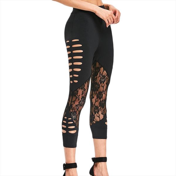 

2020 womens fashion broken lace leggings running high waist elastic band calf length pants sport leggings drop shipping, Black