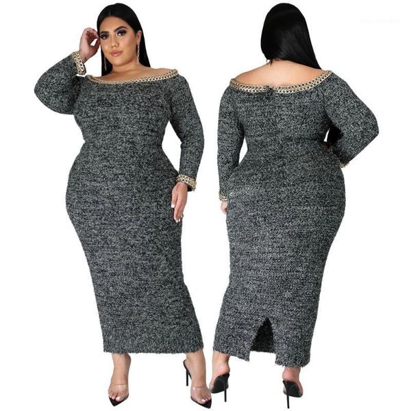 

casual dresses cahrming women solid plus size furry bodycon dress 2021 winter lady's slash neck chain long sleeve ankle-length dresses1, Black;gray