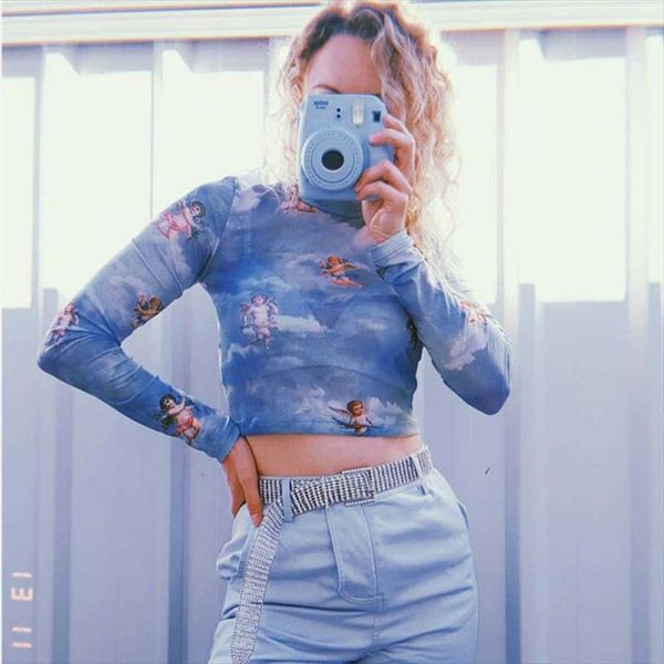 

new fashion women see through sheer mesh net t shirt crop cute angel printed female summer vest t shirts hot, White