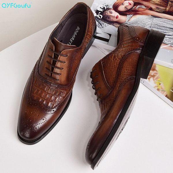 

qyfcioufu leather shoes men oxford real genuine leather fashion office dress wedding formal party mens brogue shoes, Black