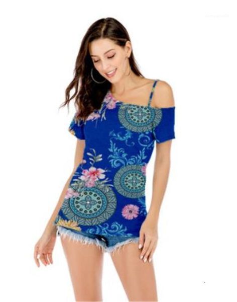 

designer ladies fashion womens tees short sleeve one shoulder collar flora printed womens tshirts loose contrast color, White