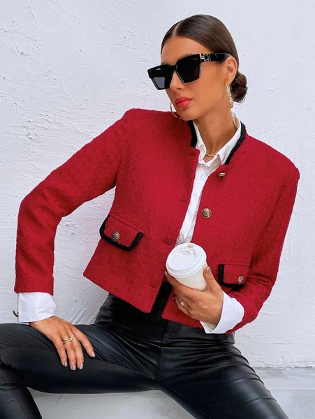 

contrast trim crop tweed overcoat y1eq#, Black