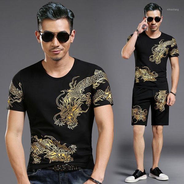 

two pieces dragon pattern printed short sleeve t-shirt shorts men set cotton sportswear black mens tracksuit casual track suit1, Gray