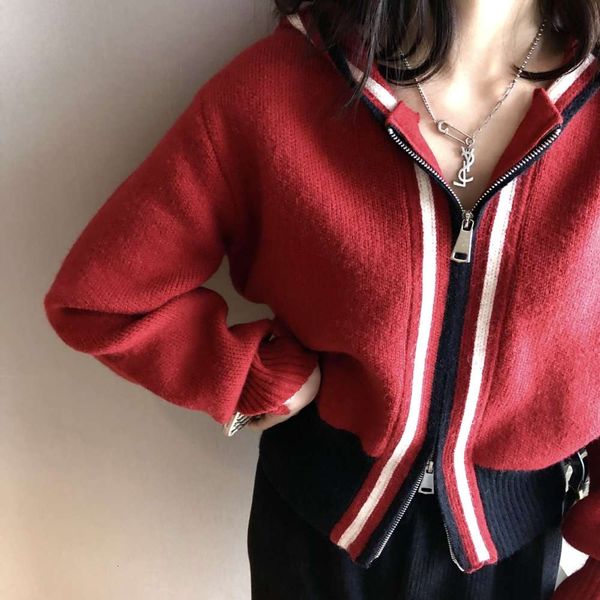 

t6720 hooded color matching double zipper knitted hoodie, White;black