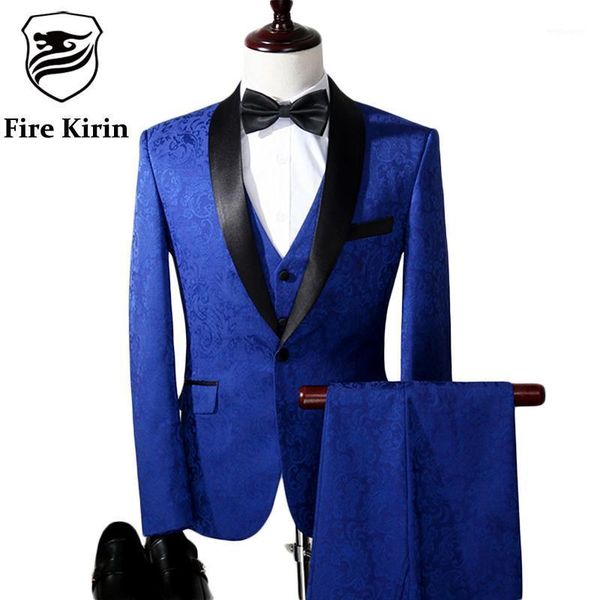 

fire kirin jacquard suit men 2021 royal blue tuxedo jacket 3 piece men suits for wedding shawl collar mens stage wear q3361, White;black