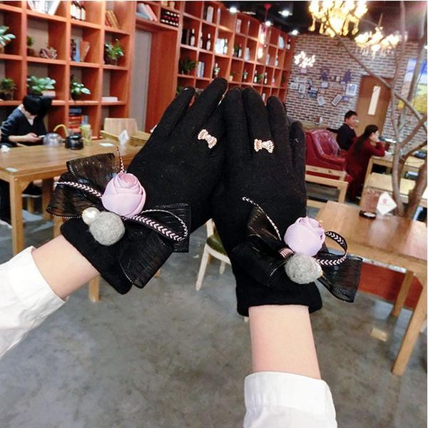 

five fingers gloves korean retro camellia bow knot women winter fashion thicken warm ladies cashmere touch screen hand agl271, Blue;gray