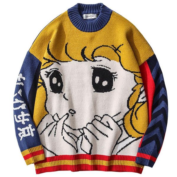 

2020 winter knitted pullover jumper sweaters women japanese style cartoon girl streetwear hit color harajuku oversize sweater, White;black
