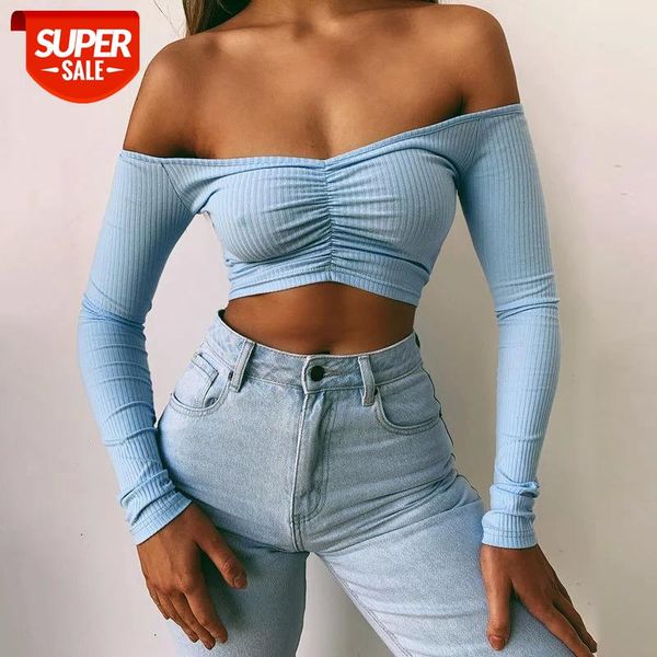 

2020 new spring autumn off shoulder mesh v neck crop female long sleeve solid color slim club fashion short shirts #h796, White