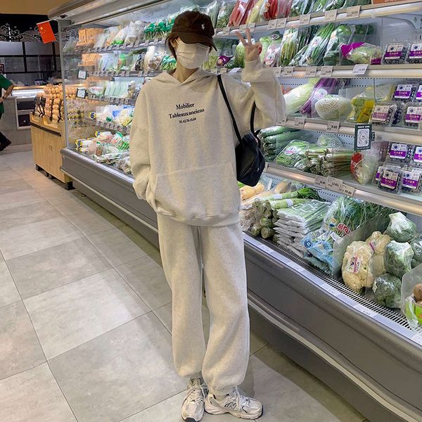 

leisure sports suit autumn winter 2020 new fashion running fitness bodywear two piece set women's plush thickening, Gray