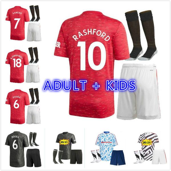 

kids kit 20 21 rashford pogba fernandes van de beek cavani soccer united jersey 2020 2021 man greenwood utd football shirt, Black;yellow