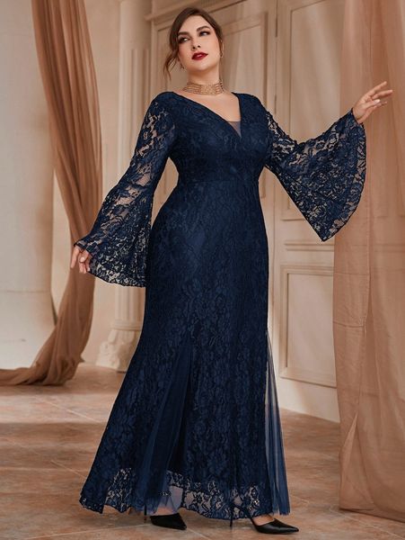 

plus flounce sleeve lace prom dress b64s#, Black