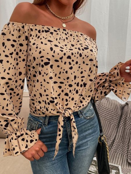 

allover print flounce sleeve tie hem bardot blouse l8t6#, White