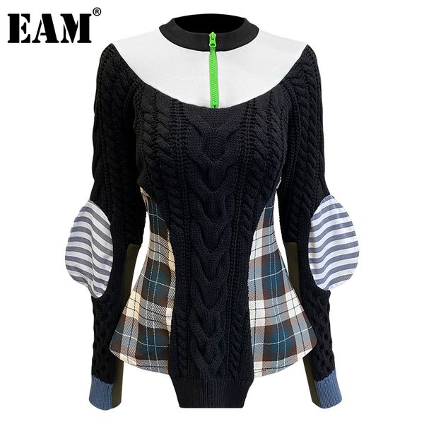 

[eam] plaid irregular knitting sweater loose fit mock collar long sleeve women pullovers new fashion autumn winter 1dd0087 201130, White;black