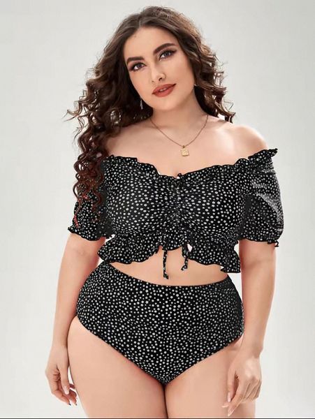 

plus ditsy floral print lettuce trim bikini swimsuit y7oa#, Black