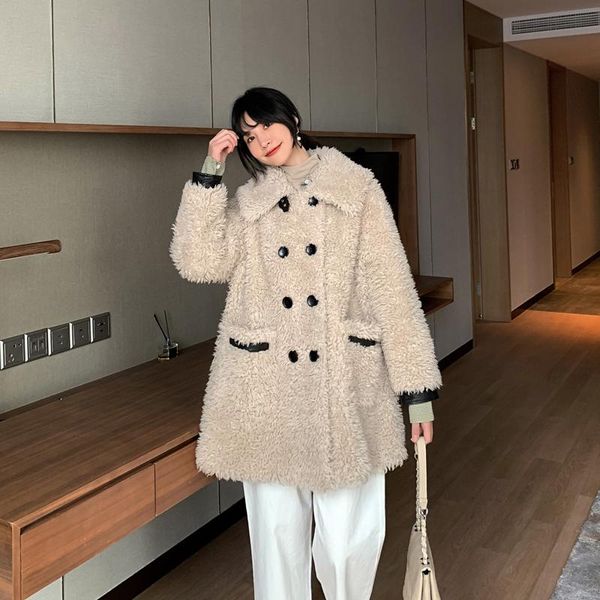 

female coat real fur 100% wool jacket autumn winter coat women clothes 2021 korean vintage sheep shealring zt4242, Black