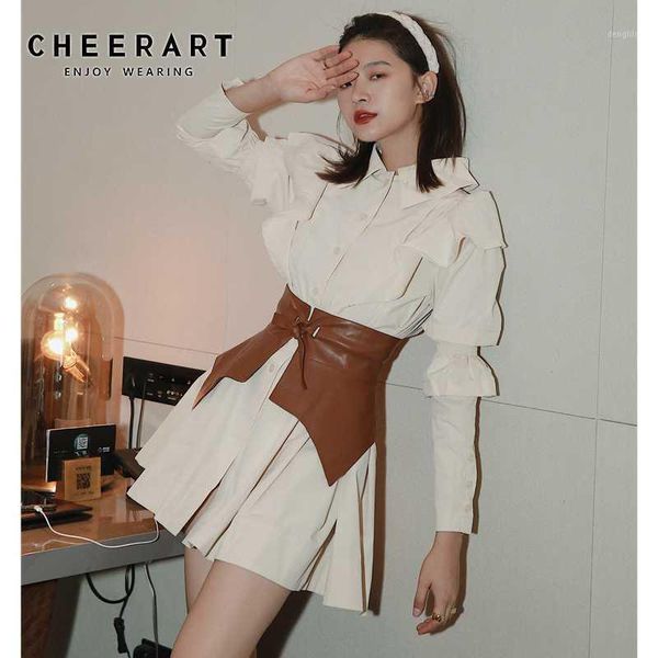 

cheerart autumn 2020 ruffle long sleeve shirt dress women beige button up collar mini dress tunic puff sleeve fashion1, Black;gray