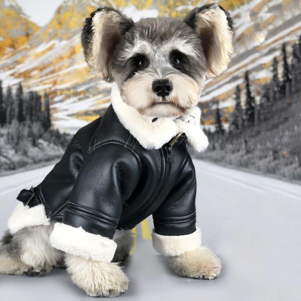 

мода черные кожаные куртки для собак зима сгущаться теплый животные outerwears плюшевых шнауцер bulldog puppy пальто одежда