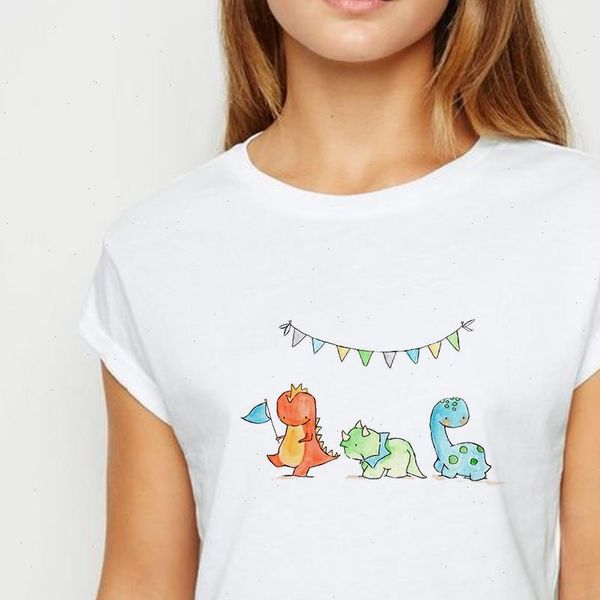 

fashion coloured ribbon dinosaur tshirt women plus size t shirt harajuku persionalized spring summer o neck t shirt, White