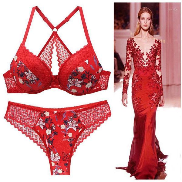 

bras sets 2021 big size strappy bra lace push up women floral panty plus 34/75 36/80 38/85 40/90 42 b c d e cup1, Red;black