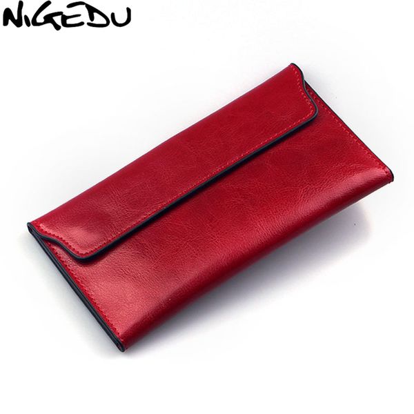 

nigedu brand genuine leather women long thin purse cowhide multiple cards holder clutch bag fashion standard wallet