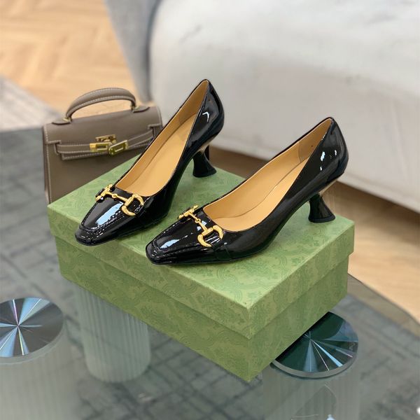 

Luxury Patent Leather Women Dress Shoes classic design Buckle Shoe Square elegant medium heel beautiful lady thin shoes, Black