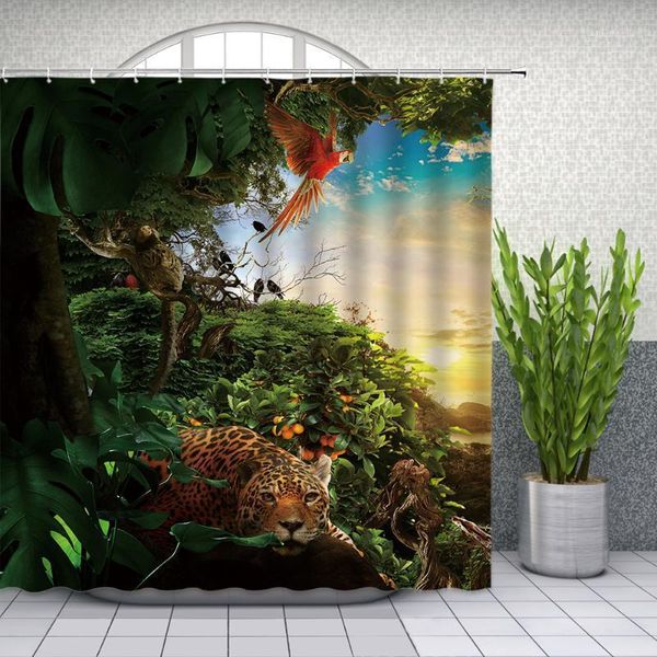 

shower curtains tropical jungle landscape bathroom decor wild animal deer parrot toucan leopard home bathtub polyester curtain1