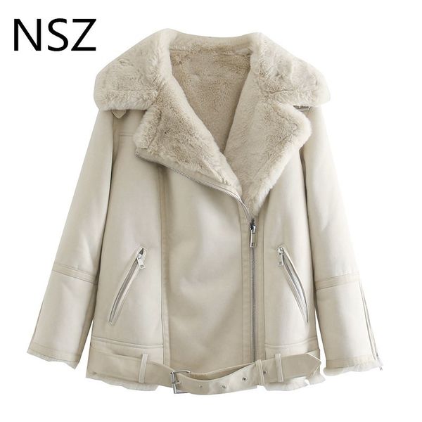 

nsz women oversized faux fur fluffy warm winter jacket zipper thick motorcycle coat fashion outerwear streetwear 201029, Black;brown
