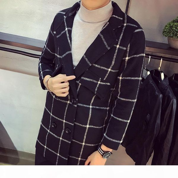 

mens autumn winter tranch jackets fashion casual slim plaid double breasted overcoat high-end long woolen coat male jacket, Tan;black