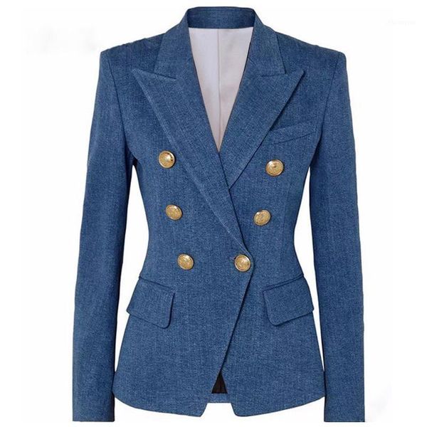 

s-xxl 2020 new fashion dark blue imitation denim fabric double-breasted slim long-sleeved women's suit jacket1, White;black