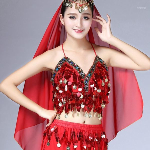 

women belly dance twinkling sequin beaded fringe belly dance bra hanging coin bollywood oriental 1, Black;red