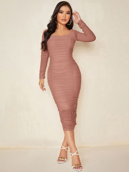 

sxy ruched mesh bodycon dress s6ac#, Black;gray