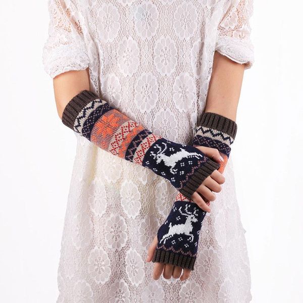 

five fingers gloves women knitted arm sleeve year autumn winter warm long fingerless elk printed christmas female mittens 32cm, Blue;gray