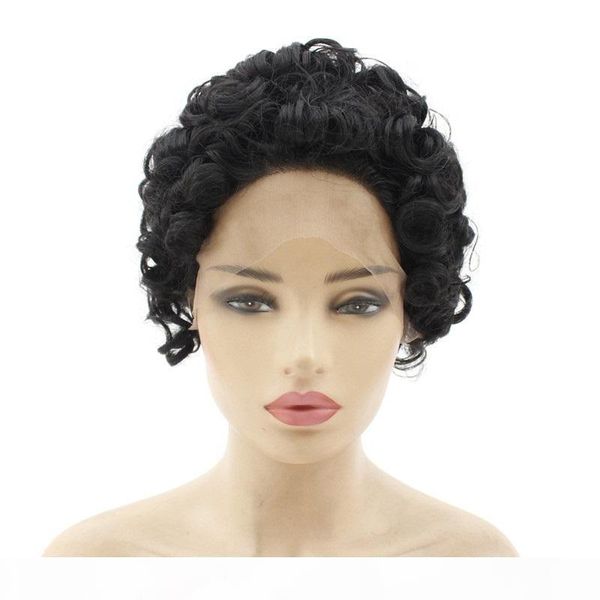 

synthetic lace frontal wig black afro kinky curly simulation human hair lace front wigs perruques de cheveux humains 191116-1, Black;brown
