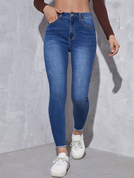 

zipper fly raw hem skinny jeans r9xw#, Blue