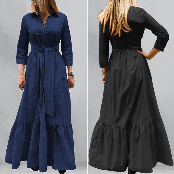 

zanzea 2020 autumn women's belt thin long vestidos elegant turn down collar maxi dress long sleeves loose solid color robe femme, Black;gray