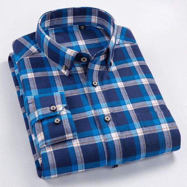 

men's long sleeve checkered brushed flannel shirt single pocket standard-fit comfortable soft cotton casual button-collar shirts, White;black