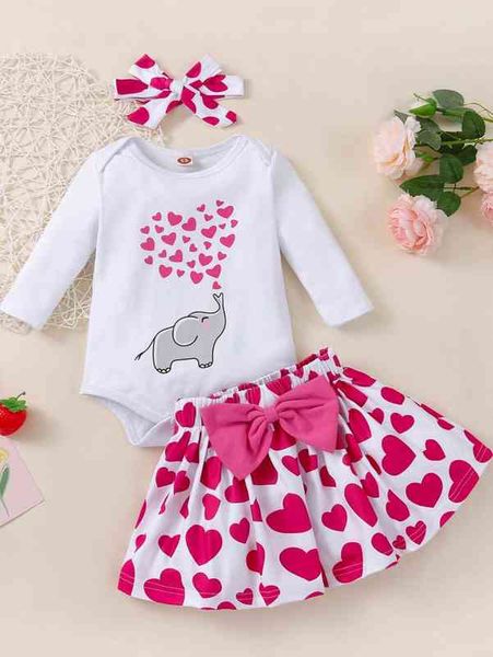 

baby elephant print bodysuit & heart bow front skirt & headband she, Blue