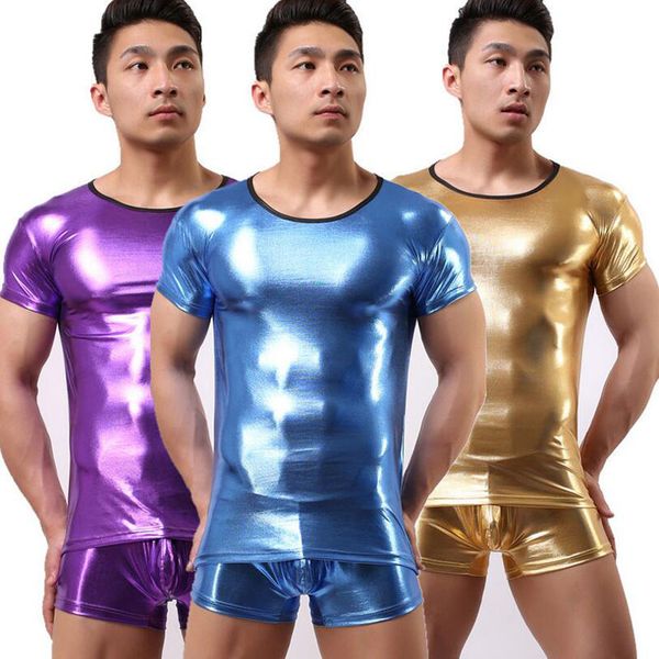 

3Pieces/Lot New Faux Leather Mens Undershirt Nightclub Stage Performance Lingerie Sets Male Boxer Underwear, Blue