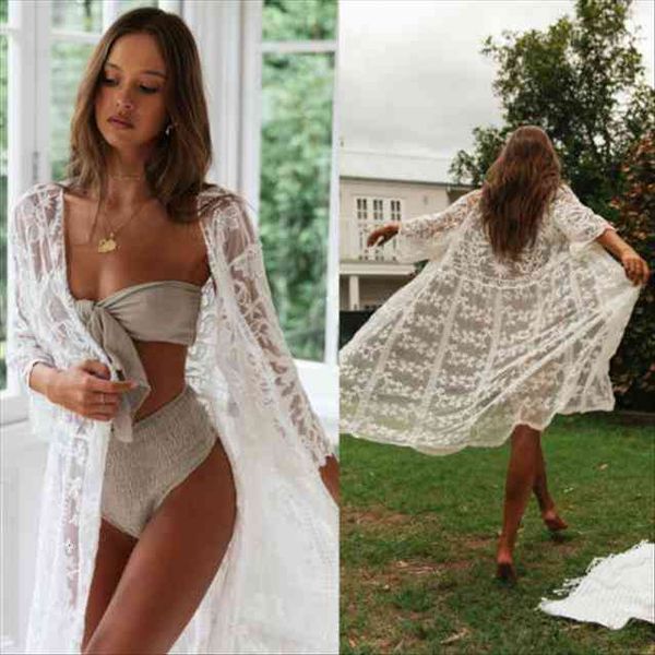 

see-through women lace kimono beach blouses woman cardigan cover up wrap long blouse arrival, White