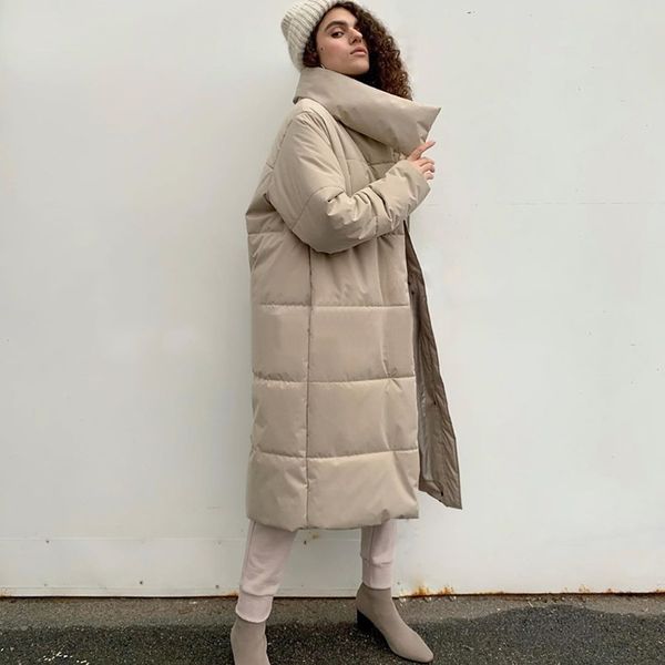 

wotwoy oversized long thick padded parkas women wide-waisted cotton liner winter jackets female loose fit casual solid coat 201127, Black