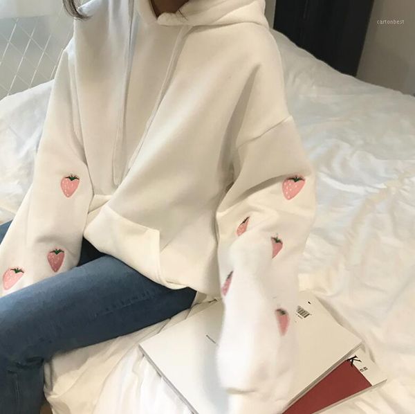 

women's hoodies & sweatshirts autumn and winter college wind cute cartoon strawberry embroidery loose hooded sweatshirt women1, Black