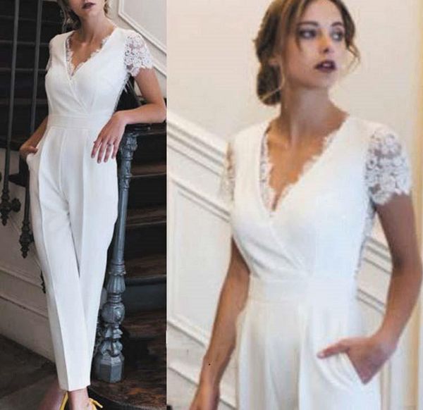 Setwell V-Pescoço Bainha Vestidos de Noite Jumpsuits Mangas Curtas Lace Appliques Ankle Comprimento Branco Vestidos de Festa de Prometo com Bolsos