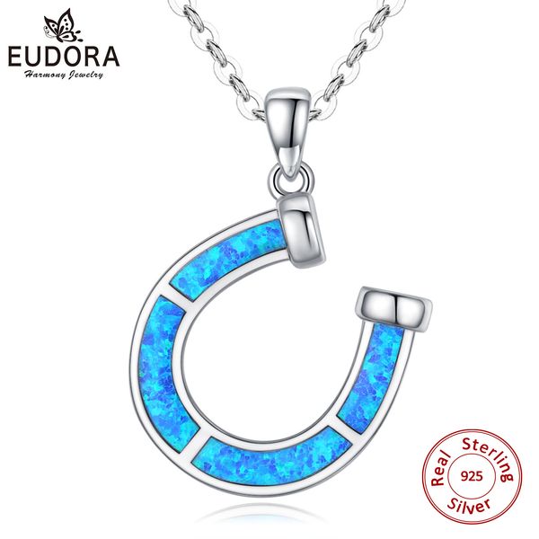 

eudora 100% 925 sterling silver blue horseshoe pendant opal necklace original design u shape women fashion jewelry with box d609 q1113