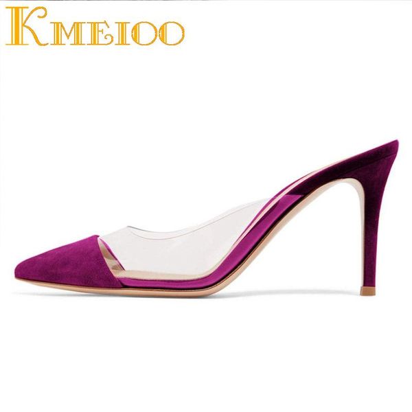 

kmeioo fashion transparent sandals pointed toe high heels clear perspex thin heels slip on mule sandals women dress stiletto, Black