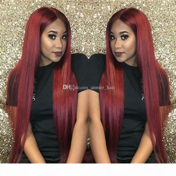 

150% density burgundy silky straight lace front human hair wigs 99j pre plucked red full lace wigs for black women, Black;brown