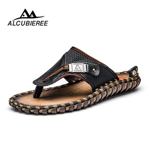 

2020 men's casual shoes genuine leather sandals men flip flops breather slippers plus size summer non-slip handmade footwear y200702, Black