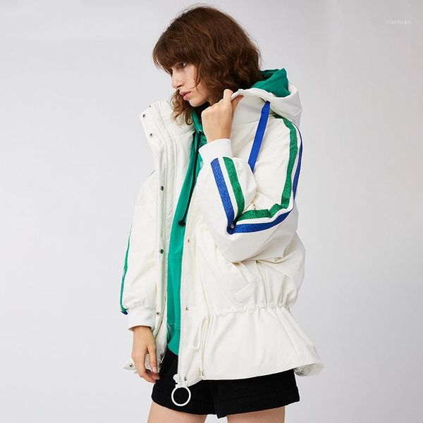 

2019 new women winter long down jacket color patchwork with colour ribbon green and blue sport coat with retractable hemlines1, Black